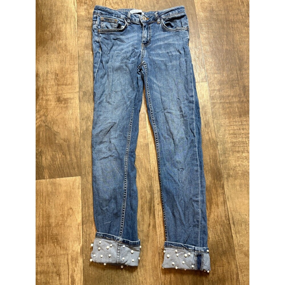 ZARA Jeans Womens Size 6 Blue 28 x 27 Denim Beaded Cuffed Bottom